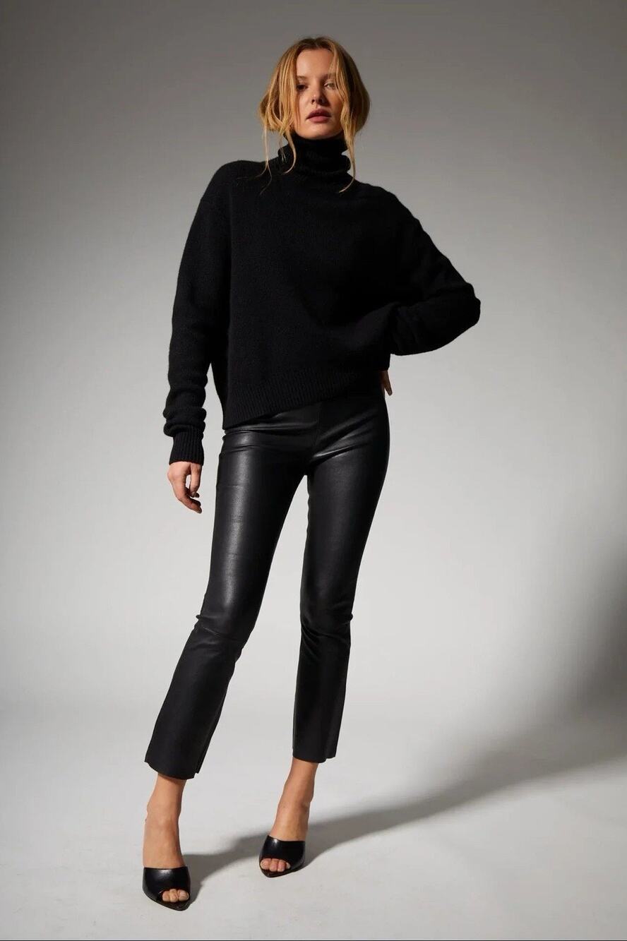 SPRWMN Los Angeles Grace Leather Crop Flare Pants Black High Rise Pull On Sz S